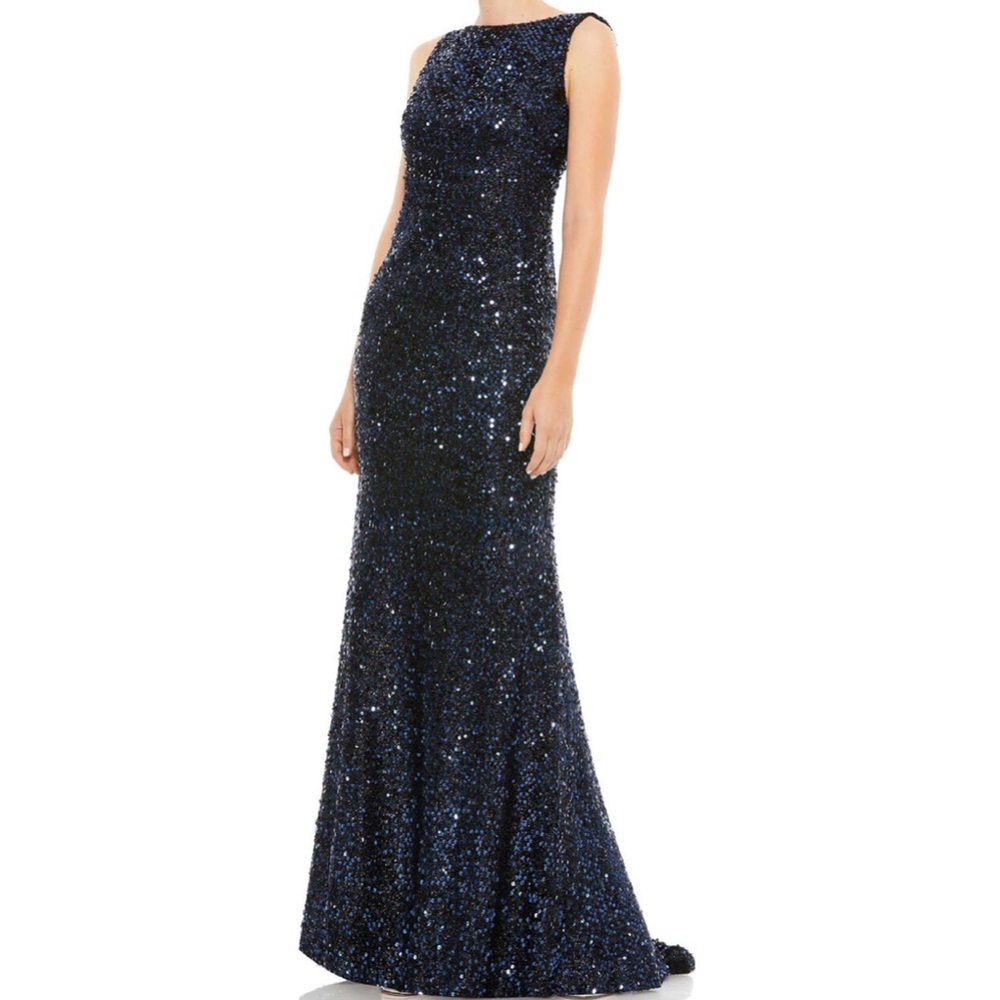 MacDuggal Ieena Sequined Sleeveless Draped Cowl Back Gown - Midnight Navy